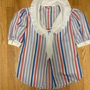 Striped Women's Shirt w/ White Collar Ruffled size 10 Vintage 70s 60s Laura Mae